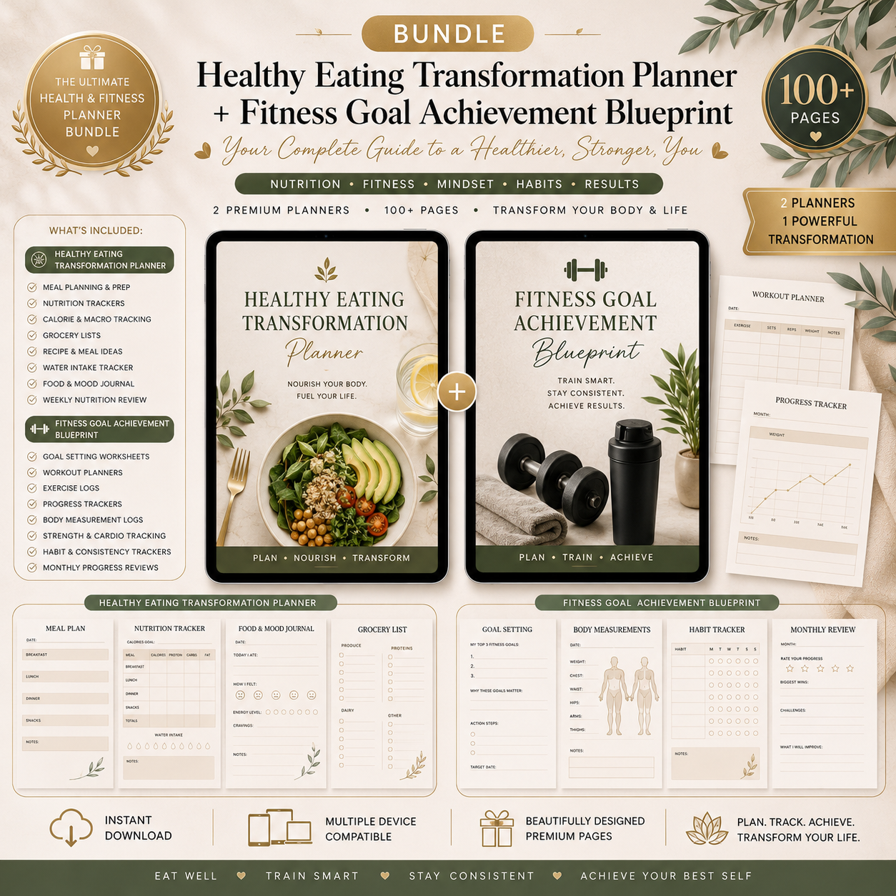 Healthy Eating Transformation Planner + Fitness Goal Achievement Blueprint Bundle